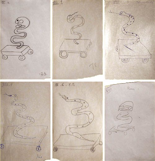 Jeu de Dessin Communique (Game of Communicated Drawing) - Andre Breton, Therese Casa, Remedios Varo, Benjamin Peret, Yves Tanguy, Robert Rius - Le Serpent sur le Chariot (The Snake on the Wagon) - c.1938 pencil and ink on six sheets of paper